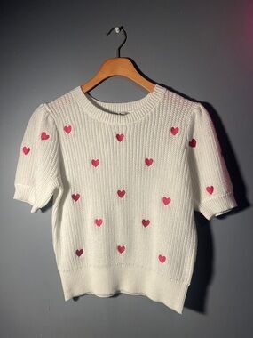 White Knit Short-Sleeve Sweater with Pink Heart Motif
